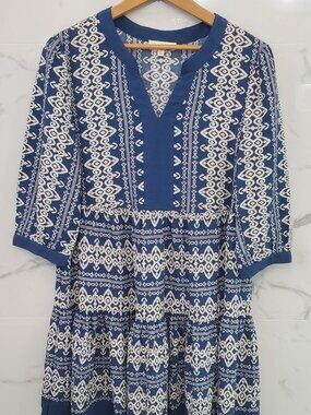 Fig + Flower Boho Tunic Blouse Dress for Women, Size M, Blue Ivory
